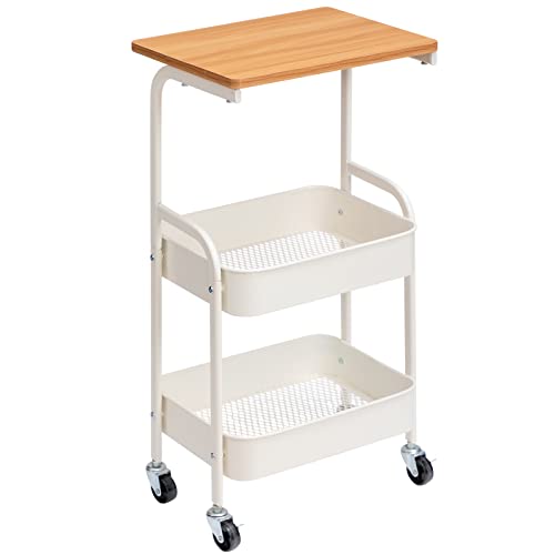 Agtek 3 Tier Storage Utility Rolling Cart With Wooden Board, Metal Organizer Removable Computer Desk Cart With Baskets And Wheels For Home & Office, White #TOP6