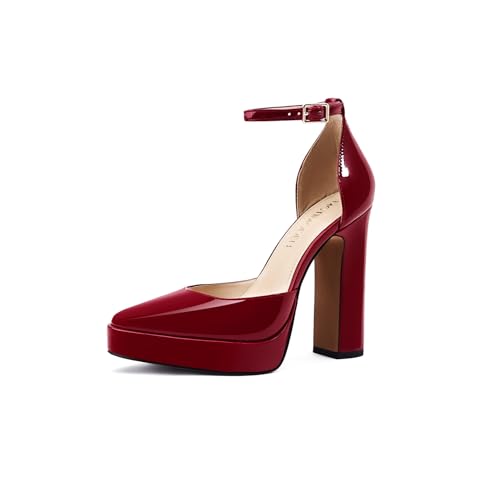 MOTIMODEN Women's Platform Chunky High Heels Closed Toe Ankle Strap Buckle Block Heel Round Pointed Toe Wedding Party Comfortable Pumps Dress Shoes for Women XYY-M3001RD