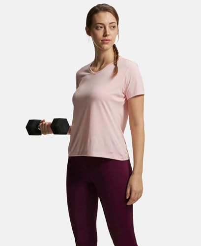 Image of Jockey MW01 Women's Microfiber Fabric Relaxed Fit Solid V Neck Half Sleeve Performance Active Wear T-Shirt with Stay Fresh Treatment
