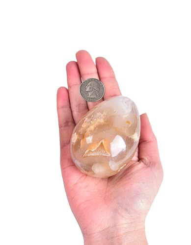 Image of AMOYSTONE Sakura Agate Egg 2.7-3 inch Small Palm Stone with Wood Stand for Healing Therapy - Spiritual Growth Crystal, Gift for Her Home Decor 8.5oz