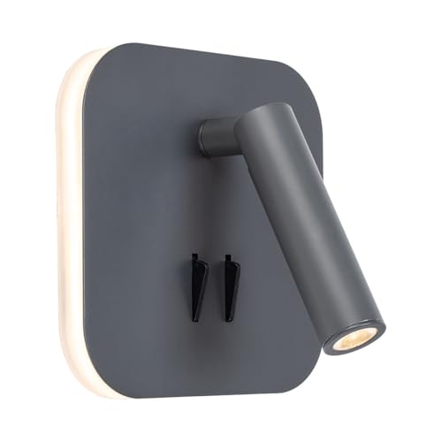 DEEP - Lampada da parete a LED da 9 W (6 W+3 W) - Doppia illuminazione con 2 interruttori indipendenti - Faretto orientabile e retroilluminazione - Design rotondo grigio antracite per camera da letto