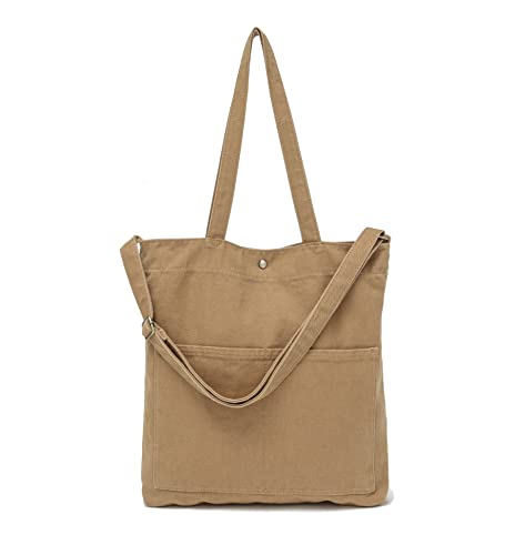 Image of Jeelow 16oz Washed Canvas Tote Bag, Heavy Duty Shoulder Crossbody Handbag, 2 Front Pockets and Snap Closure for Men and Women