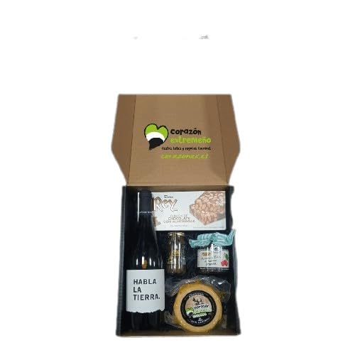 Cesta de Regalo Vegana para Empresas con Vino Tinto Habla de la Tierra, Queso de Oveja Artesano, Pimientos de Piquillo, Turrón de Chocolate con Almendras – Corazón Extremeño