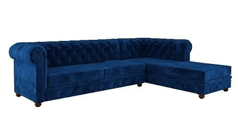 Image of Solid Wood Velvet Fabric L Shape Sofa Sofa for Living Room Button Tufted Sofa Chair for Home & Office (Left Aligned L-Shaped (Left Aligned L-Shaped Blue)