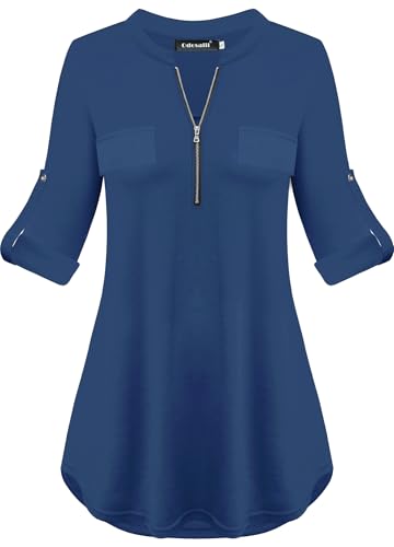 Odosalii Bluse Damen 3/4 Arm Shirt Modern Elegant Oberteile Mode Blau Festlich Kleidung Business Outfits Professionelle Arbeit Longbluse Longshirt Lässig Für Leggings