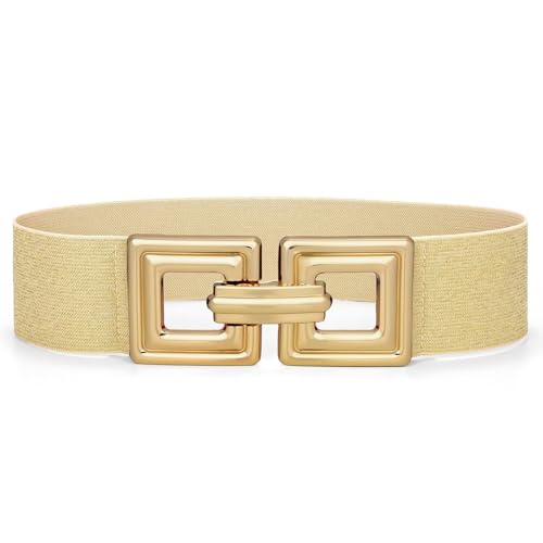 WHIPPY Women Wide Elastic Waist Belt Fashion Hollow Out Square Gold Buckle Stretchy Belt Waistband for Ladies