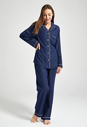 Image of Womens Muslin Pajama Set 100% Cotton Double Gauze Linen Like | Breathable Soft Comfort Button Up Loungewear Sleepwear PJ Set