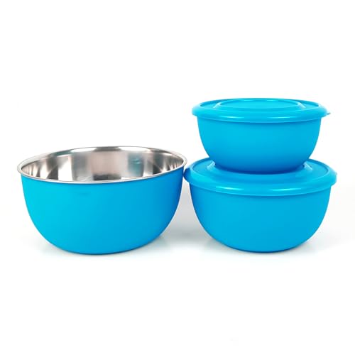 Image of Microwave Safe Stainless Steel Food Storage Container with Lid | Euro Mixing Bowl Set for Kitchen | 500ml, 800ml, 1250ml | Pack of 3 | Leak-Proof (Classic Blue Plain)