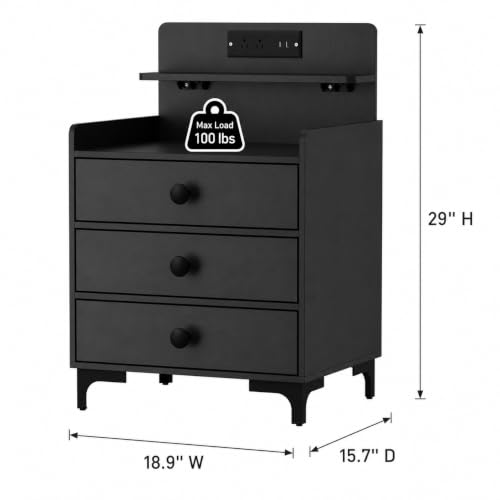 Image of Rreyet 29 inch Nightstand Set of 2, 3 Drawers, Black | Charging Station, Button Handle, Smooth Sliding, Enhanced Storage, For Bedroom, Sofa Side