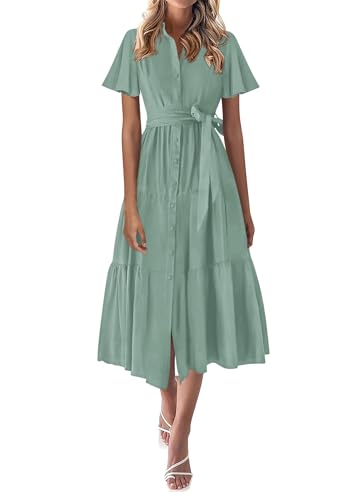 Image of KIRUNDO Summer Button Down Wedding Guest Shirt Dresses for Women Maxi Flutter Short Sleeve Flowy Tiered Beach Sun Dress