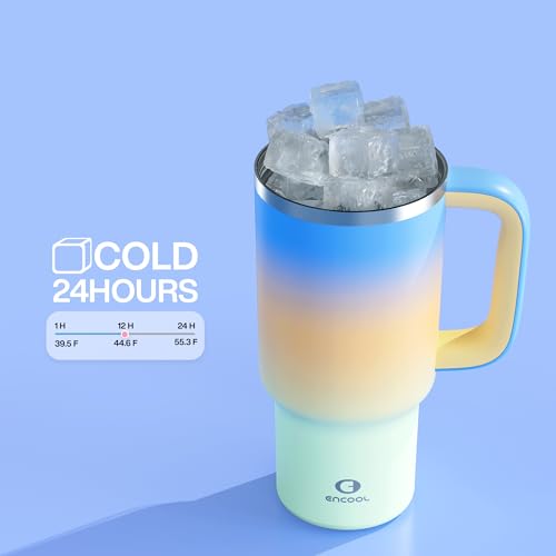 Image of ENCOOL 32 oz Tumbler with Handle and Straw: Stainless Steel Insulated Tumbler Keeps Cold for 24 Hours, Leakproof Travel Cup Fits in Cup Holder and BPA-Free, Sunny Breeze