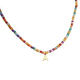 KOSLEOW Collar de Perlas de Colores con Inicial - Collar Personalizado para Mujer y Niña, Regalo Cumpleaños para Niña, Colgante Letra Dorada, Bisutería Mujer, Acero Inoxidable, Regalo Ideal (A)
