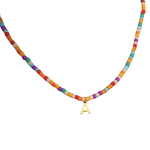 KOSLEOW Collar de Perlas de Colores con Inicial - Collar Personalizado para Mujer y Niña, Regalo Cumpleaños para Niña, Colgante Letra Dorada, Bisutería Mujer, Acero Inoxidable, Regalo Ideal (A)