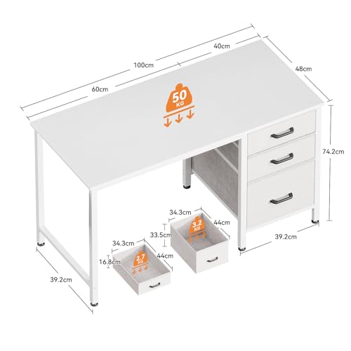 Coleshome Schreibtisch mit 3 Stoff Schubladen, 100x48cm Computertisch, Reversibler PC Schreibtisch mit stauraum, Bürotisch für Home Office, Weiß