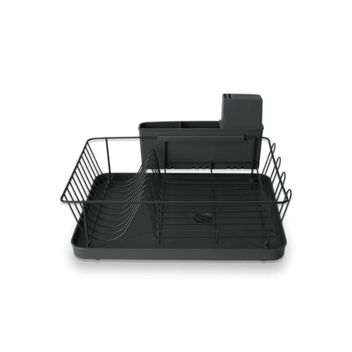 Image of SEVVY - Dish Drying Rack for Kitchen with Drain Board, Dish Holder, Cutlery Holder & Cup Holder - Black