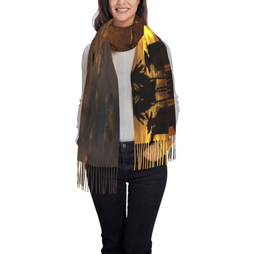 Écharpe motif bateau au crépuscule avec franges, le foulard noir à offrir