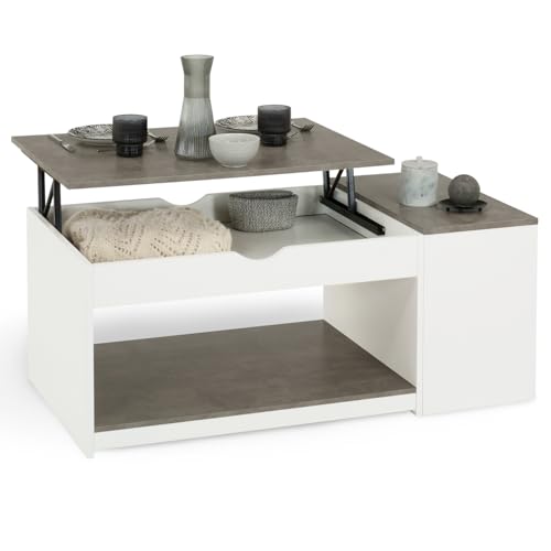 IDMarket - Table Basse Plateau relevable rectangulaire ELEA avec Coffre Bois Blanc et Effet béton