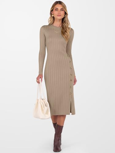 ANRABESS Womens 2025 Fall Long Sleeve Midi Dress Ribbed Knit Bodycon Fitted Button Down Wedding Guest Slit Sweater Dresses