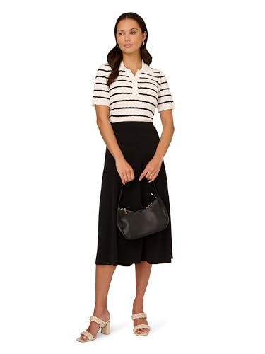 Adrianna Papell Women's Pointelle Short Sleeve Polo Striped V-Placket Sweater4