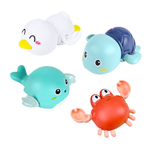 GiantGo Juego de 4 juguetes de baño para bebé, juguetes de bañera, natación, delfín, pato, tortuga de cangrejo, juguetes flotantes para bebés, niños pequeños y niños Cover