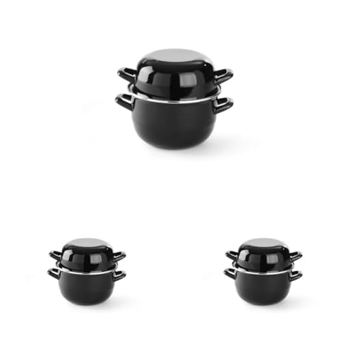 HENDI Cazuela con tapa, olla, para cocinar y servir mejillones, para salsas, sólo apta para cocinas de gas, 0,8kg, 2.5L, ø200x(H)180mm, acabado esmaltado negro con reborde de acero inoxidable