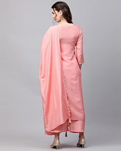 Image of INDO ERA Women's Polyester Solid Straight Kurta Palazzo With Dupatta Set(IE26KH9PK1836)