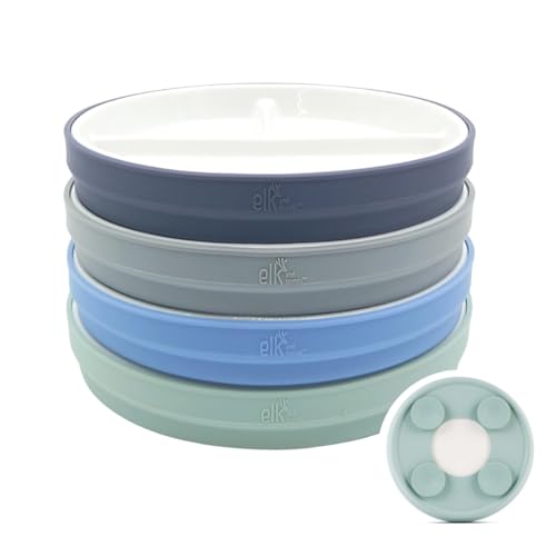 Image of Elk and Friends Kids 7.8” Porcelain Divided Plates with Silicone Suction Sleeves | Suitable for Kids/Toddlers | Microwave & Dishwasher Safe | Non Slip | Snack Dishes | 4 Pack