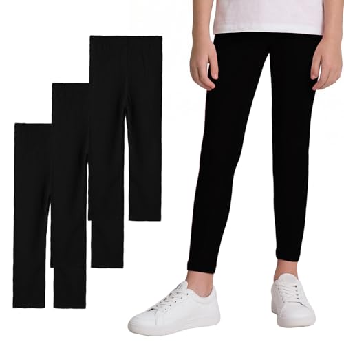 Domueay Leggings Niña Suaves Cómodos Deportivas Pantalones Largos Cintura Elástica Modal Mallas Pack de 3 Color Sólidos Niñas Baile Escolar Legging Infantiles Ropa 4-5 Años, Negro