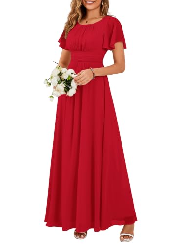 Image of Ever-Pretty Women's Spring Elegant Round Neck Short Sleeve Chiffon Empire Waist Floor Length Formal Dresses Bridesmaid Dress