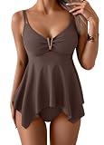 Aidonger Tankini Swimsuit for Women Tummy Control Two Piece Bathing Suit V Wire Neck Swimwear Flowy Swim Suit Top with Bottom Coffee