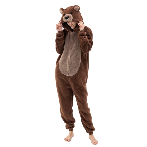 INT&TDR FANTASY Snug Fit Adult Bear Onesie Pajamas, Sherpa Cosplay Halloween Animal Zipper One Piece Costume