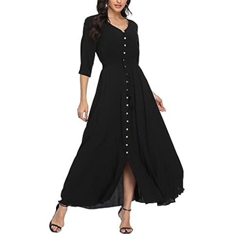 VOGMATE Womens Summer Maxi Dress Floral Boho Short Sleeve Split V Neck High Waist Drawstring Button Decoration Casual Cocktail Beach Cover