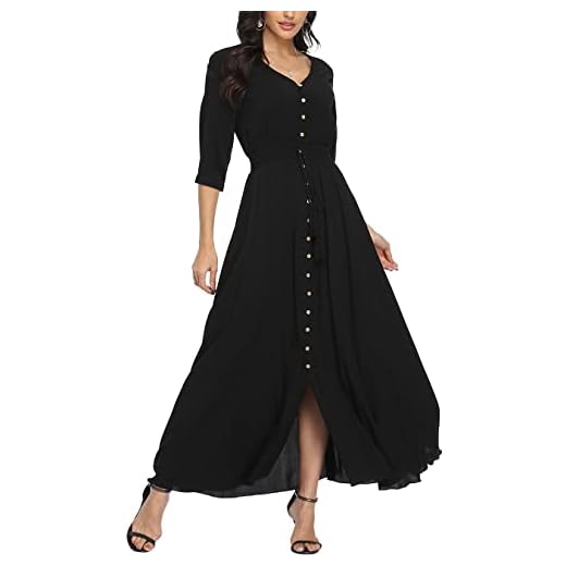 Damen Sommerkleid A Line V-Ausschnitt Standkleid Boho Blumenkleid 3/4 Ärmel Hohe Taille Partykleid Lange Freizeitkleid Schwarz XXL