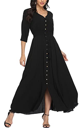 Damen Sommerkleid A Line V-Ausschnitt Standkleid Boho Blumenkleid 3/4 Ärmel Hohe Taille Partykleid Lange Freizeitkleid Schwarz L