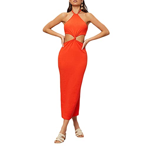 SheIn Women s Twist Cut Out Halter Maxi Bodycon Dress Sleeveless Tie Back High Waist Long Dress Orange Large