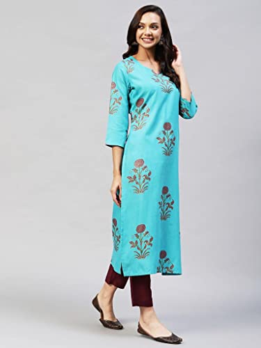 Image of ANNI DESIGNER Women's Cotton Blend Printed Straight Kurta with Pant (Team)