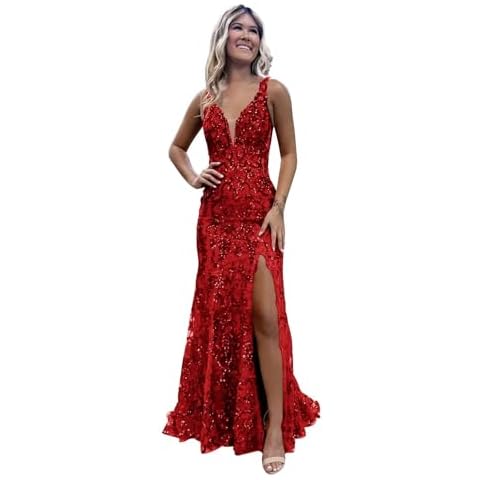 Ouyisha Red Sequin Prom Dress Long Sparkly Mermaid Dresses for Teens Backless Lace High Slit V Neck Bodycon Formal Evening Gown US4 Cover