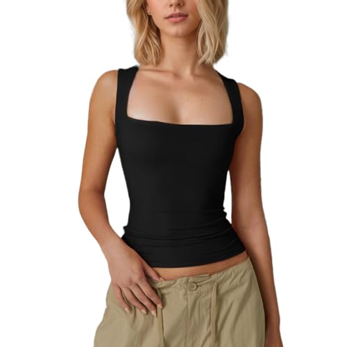 EMOTTOS Mujeres Cuello Cuadrado Camiseta de Tirantes, Slim Fit Y2K Elástica Camiseta, Halter Shirt sin Mangas de Corte Bajo, Camisetas de Verano para Verano Club Fiesta, Negro, M