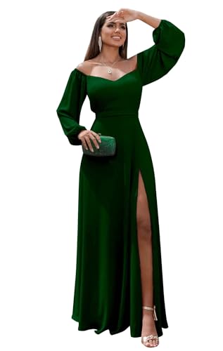 BONOYUER Emerald Green Long Sleeve Bridesmaid Dress for Wedding 2025 Off Shoulder Chiffon Evening Formal Dresses Size 10
