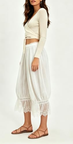 Image of UAURORAO Women Lace Trim Bloomer Pants Flowy Culottes Pantaloons Bloomers