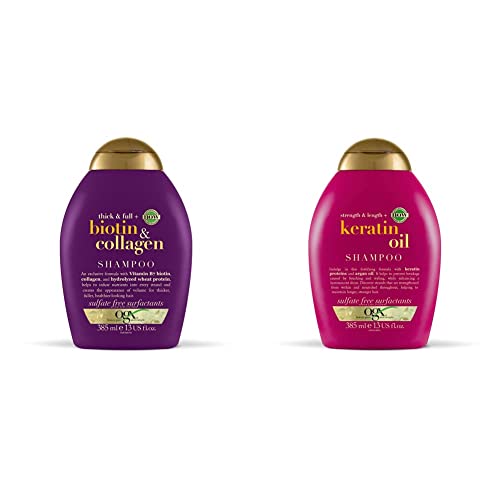 OGX Champú Aceite de Queratina, Pelo Quebradizo, 385 ml & Champú sin Sulfatos ni Parabenos para el Crecimiento del Pelo, Biotina y Colágeno, 385 ml