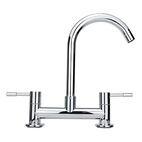 Kitchen Sink Mixer Tap, 2 Hole Dual Lever Kitchen Taps, 360° Swivel Spout Modern Kitchen Faucet, 180mm Centres Deck Mount, 1/4 Turn, Chrome Cover