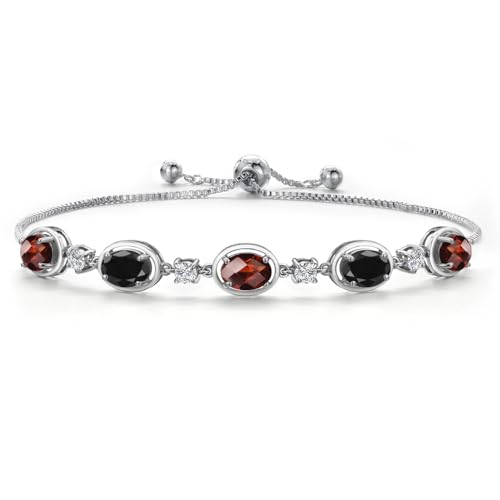 Gem Stone King 925 Sterling Silver Red Garnet and Black Sapphire and Moissanite Tennis Bracelet For Women | 5.20 Cttw | Gemstone January Birthstone | Oval Checkerboard 7X5MM | Fully Adjustable 10 Inch