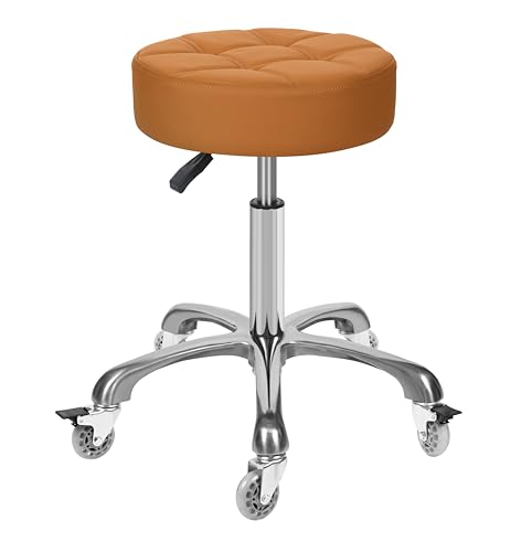Image of Adjustable Heavy Duty Stool - Rolling Stools with Locking Caster Wheels - Swivel Stools Backless Chair for Beauty Hair Salon Spa Home Kitchen Office Shop Massage (Camel, Height 18 to 22 in)