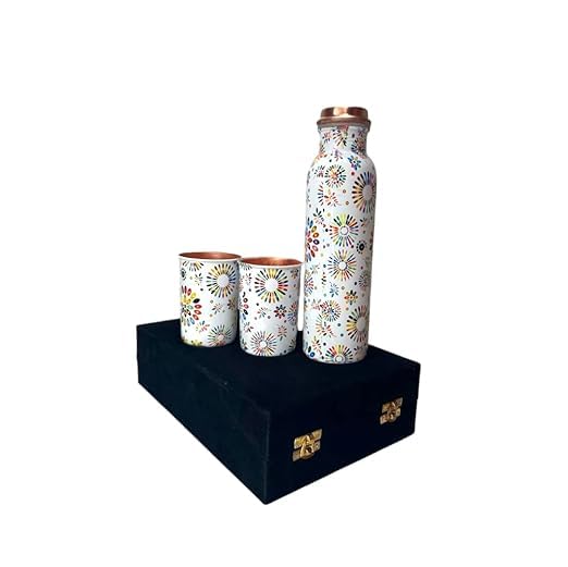 Image of Copper Water Bottle 1 Ltr | Copper Water Bottle with Glass Set | Meena Work | 100% Pure | Leak-Proof | 2 Water Glass 300ml each | Best for Gifting ((Balloon Design - 1))