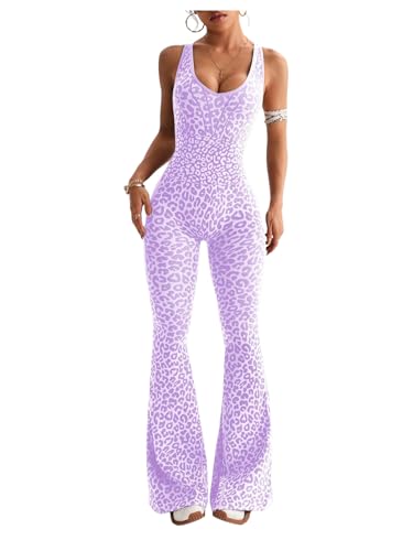 Image of Verdusa Women's Cheetah Print Workout Sets Yoga Jumpsuit Criss Cross Sleeveless Work Out Clothes Flared Pants Jumpsuits