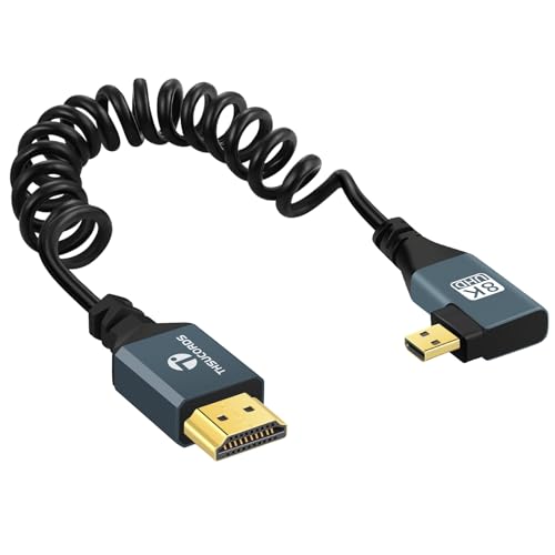 Thsucords Câble Spiralé 8K Micro HDMI vers HDMI 1M,90 Degrés Angle Droit, HDMI vers Micro HDMI Mâle vers Mâle en Spirale,Supporte 8K @ 60 Hz 4K @ 120 Hz...