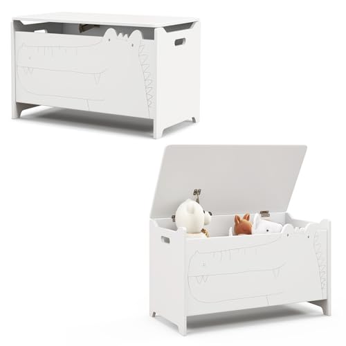 GYMAX Scatola per Giocattoli con Coperchio, Organizer per Giocattoli a Forma di Coccodrillo con Pratiche Maniglie, Cassapanca Contenitorei per Bambini, verde, 60 x 33 x 37,5 cm (Bianco)