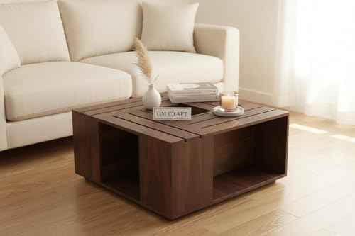 Image of Sheeshsam Wooden Center Coffee Table - Solid Wooden Coffee Table for Living Room - Tea Table Teapoy Center Piece for Home Sofa Center Table for Living Room (Walnut, Jacob)