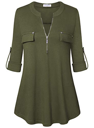 Image of Bulotus 3 /4 Length Sleeve Womens Striped Tops Zipper V Neck Collared Blouses Business Casual Tunics 2026 Spring Trendy